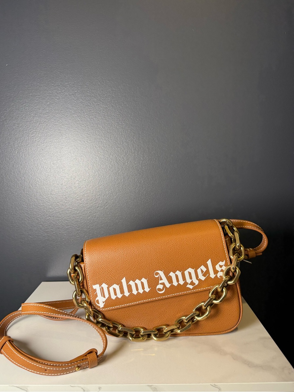 Palm Angels Tan Leather Crossbody with White Logo